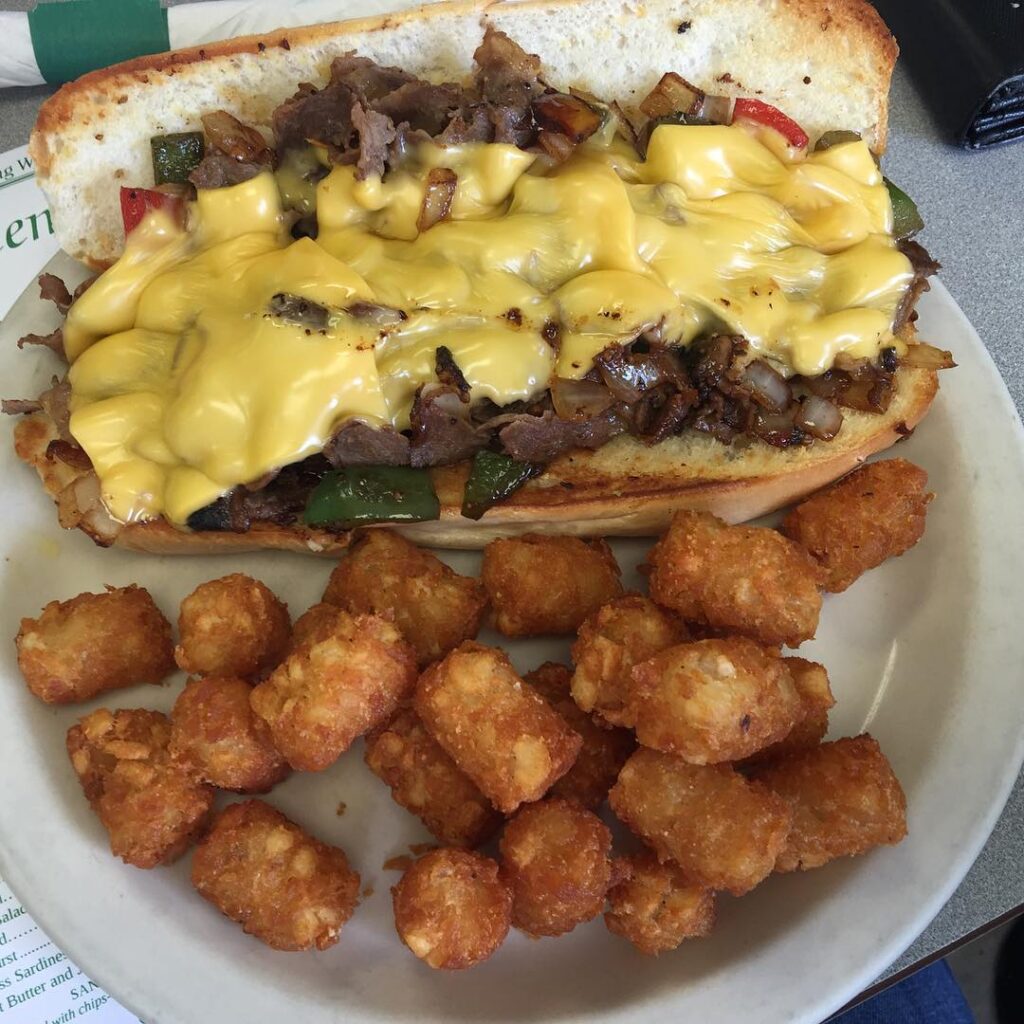 Philly Cheeseteak with Tater Tots from Green's Pharmacy in Palm Beach