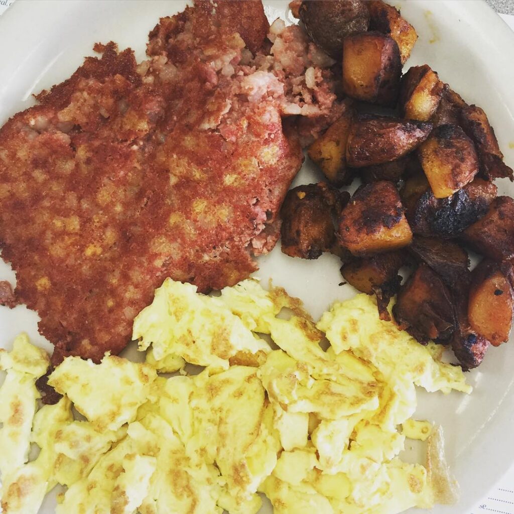 Scrambled eggs, corned beef hash and homefries from Green's Lunchonette in Palm Beach