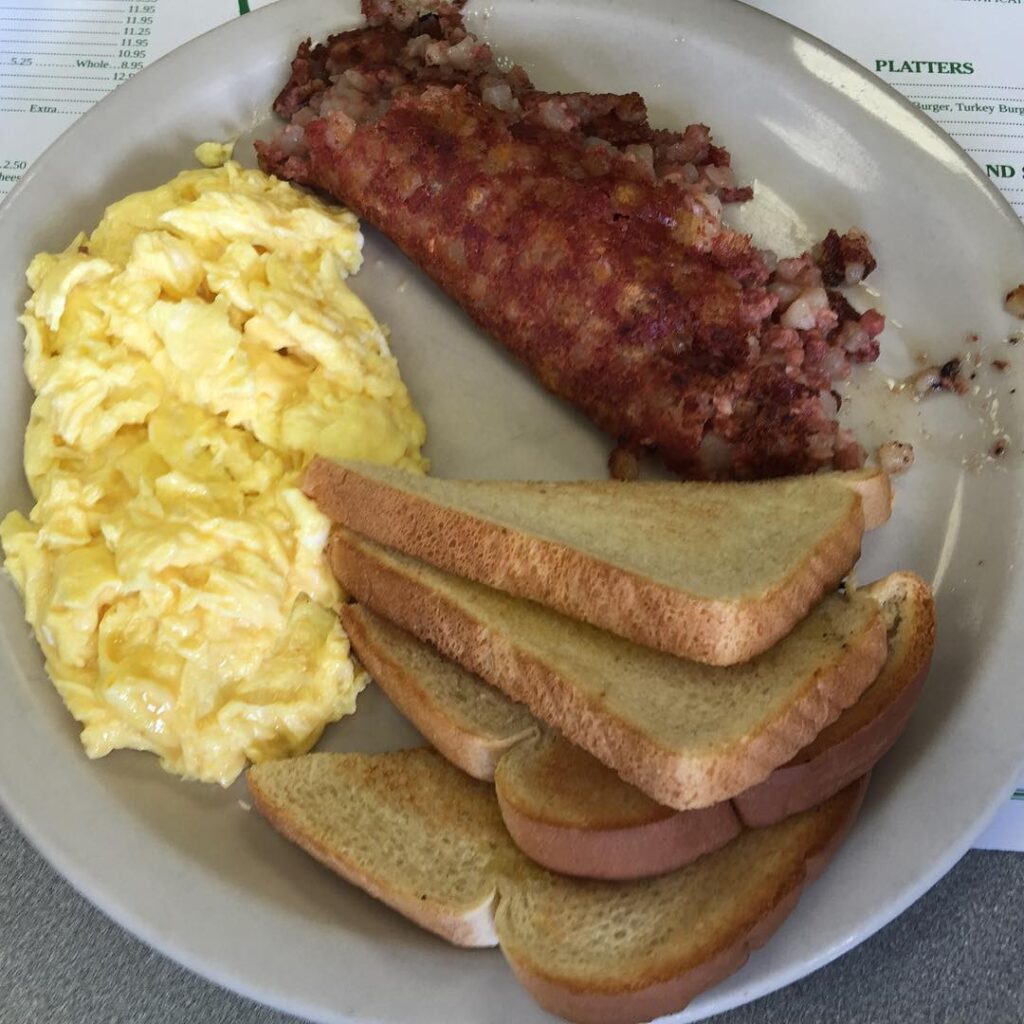 Scrambled Eggs and Corned Beef Hash from Green's Pharmacy in Palm Beach