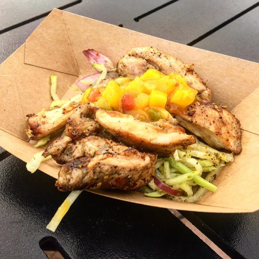 Jerk-spice Chicken with Mango Salsa, Chayote and Green Papaya Slaw with Lime-Cilantro Vinaigrette from the International Flower & Garden Festival at Epcot