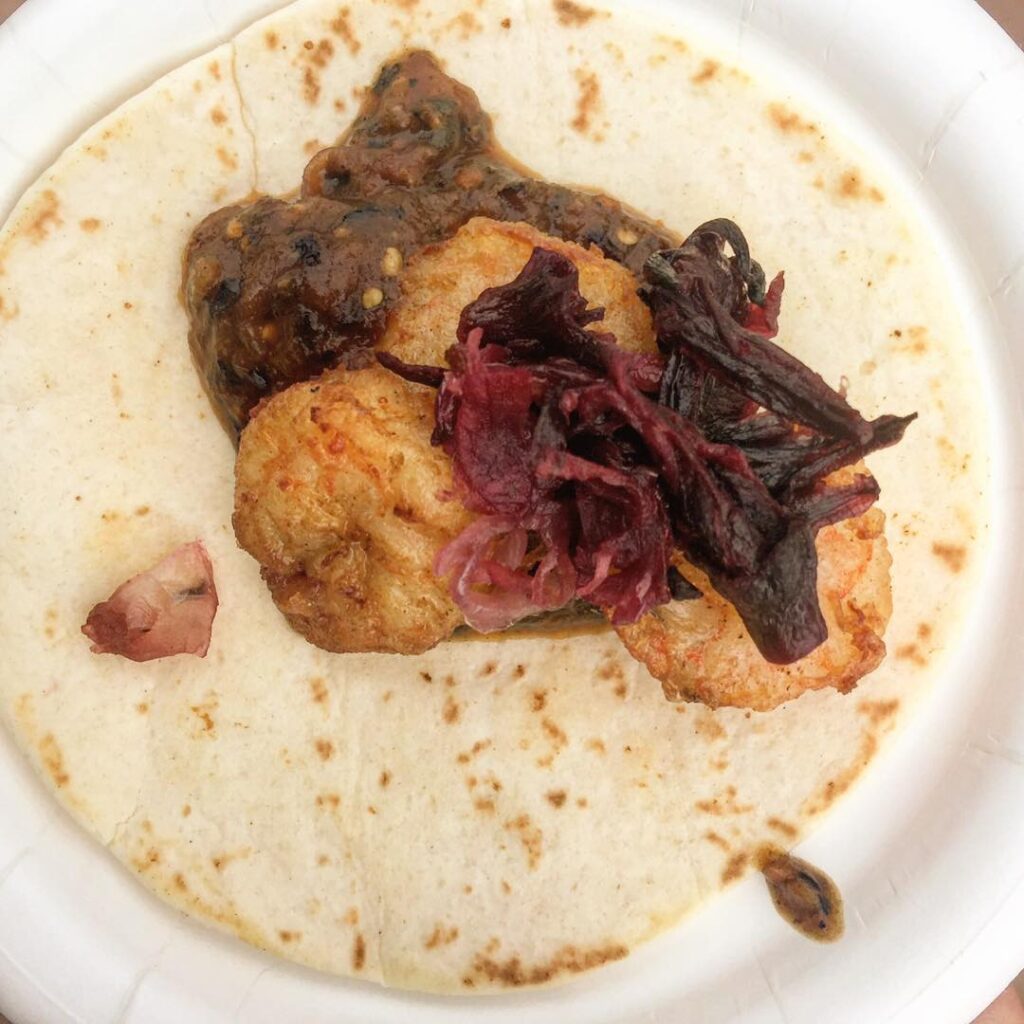 Tacos de Camarón- Tempura Shrimp served with Hibiscus Flower, Caramelized Onions and Habanero Sauce from the International Flower & Garden Festival at Epcot