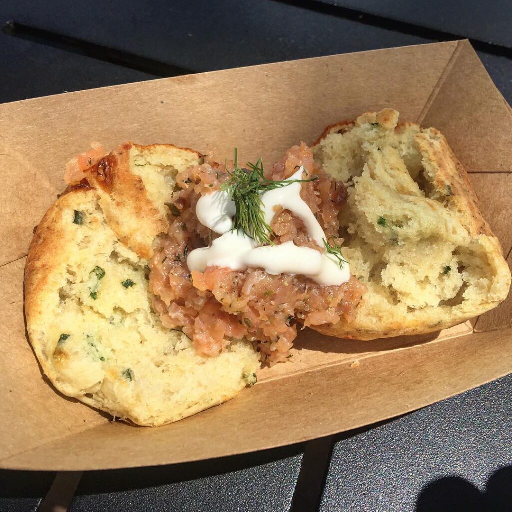 House-made Potato and Cheddar Cheese Biscuit with Smoked Salmon Tartare from the International Flower & Garden Festival at Epcot