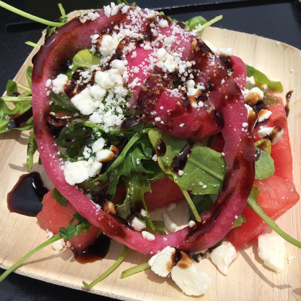 Watermelon Salad with Pickled Onions, B&W Gourmet Farms Baby Arugula, Feta and Balsamic Reduction from the International Flower & Garden Show at Epcot