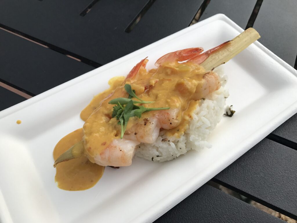 Sugar Cane Shrimp Skewer with Steamed Rice and Coconut Lime Sauce from the International Flower & Garden Festival at Epcot