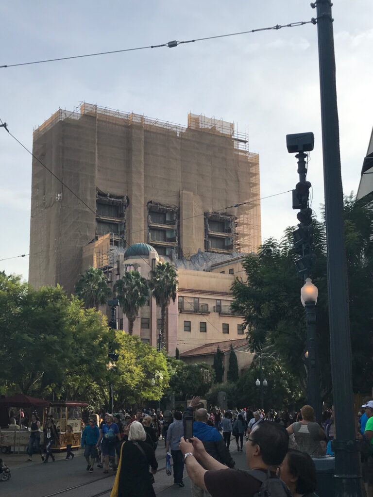 The Hollywood Tower Hotel at Disneyland in CA is behind a scrim as workers transform the Twilight Zone Tower of Terror ride into Guardians of the Galaxy: Mission Breakout