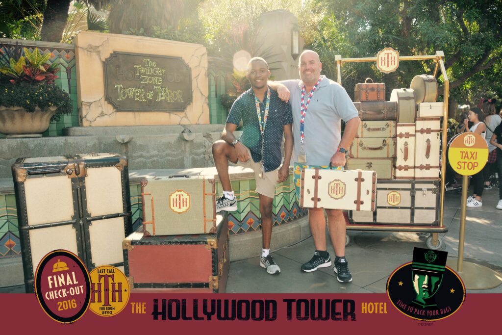My husband an I taking outside the Hollywood Tower Hotel, home to the Twilight Zone Tower of Terror ride, during Final Checkout before the ride closed to be transformed into Guardians of the Galaxy: Mission Breakout