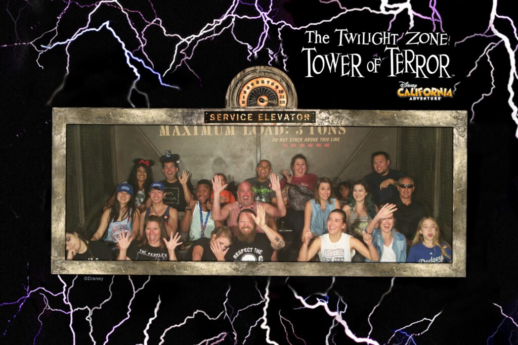 An on-ride photo from the Twilight Zone Tower of Terror at Disneyland in CA