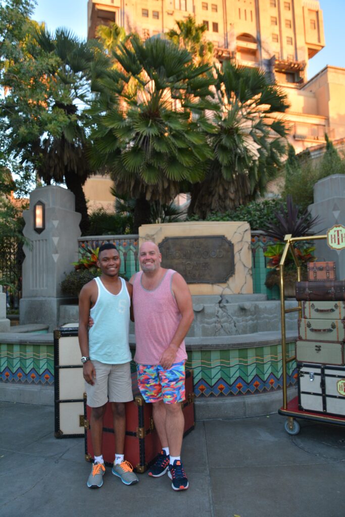 My husband an I outside the Hollywood Tower Hotel, home to the Twilight Zone Tower of Terror ride before it closed to be transformed into Guardians of the Galaxy: Mission Breakout