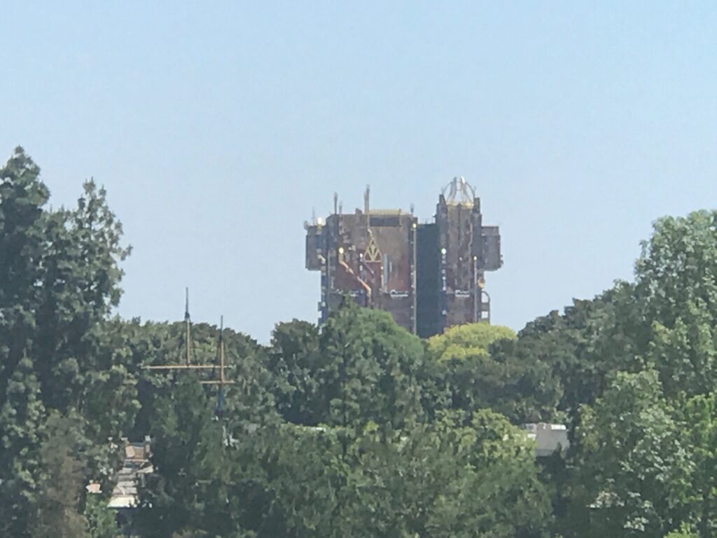 With the scrim down, the former Hollywood Tower Hotel, home of the Twilight Zone Tower of Terror, is seen from the Mickey & Friends Parking Structure at Disneyland in CA