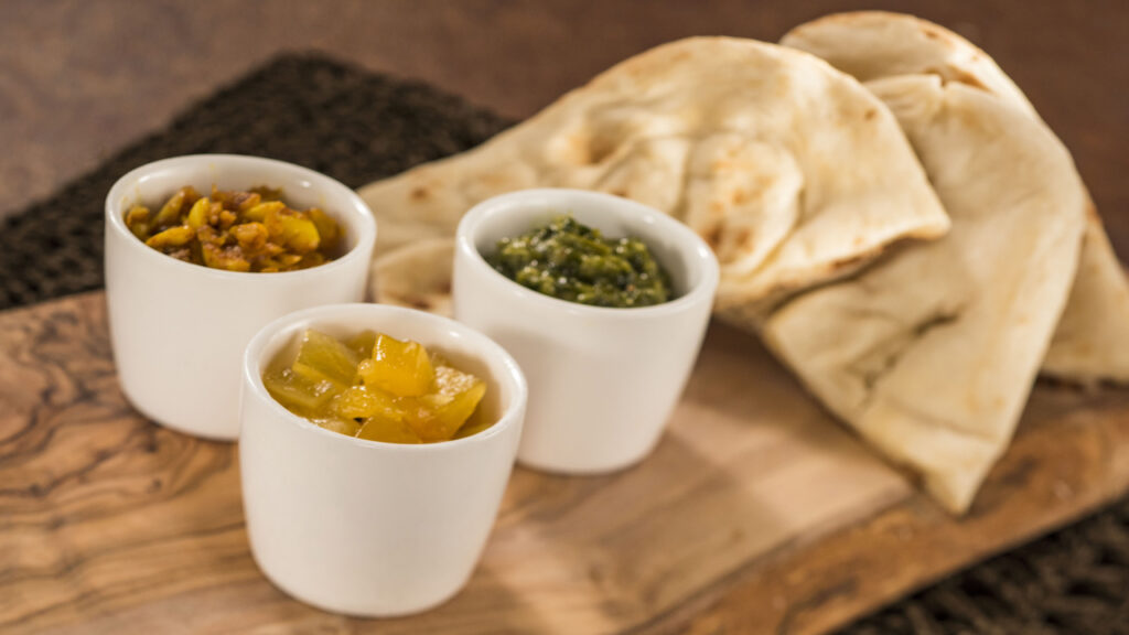 Warm Indian Bread with Pickled Garlic, Mango Salsa and Coriander Pesto Dips (vegetarian) from the Epcot International Food & Wine Festival