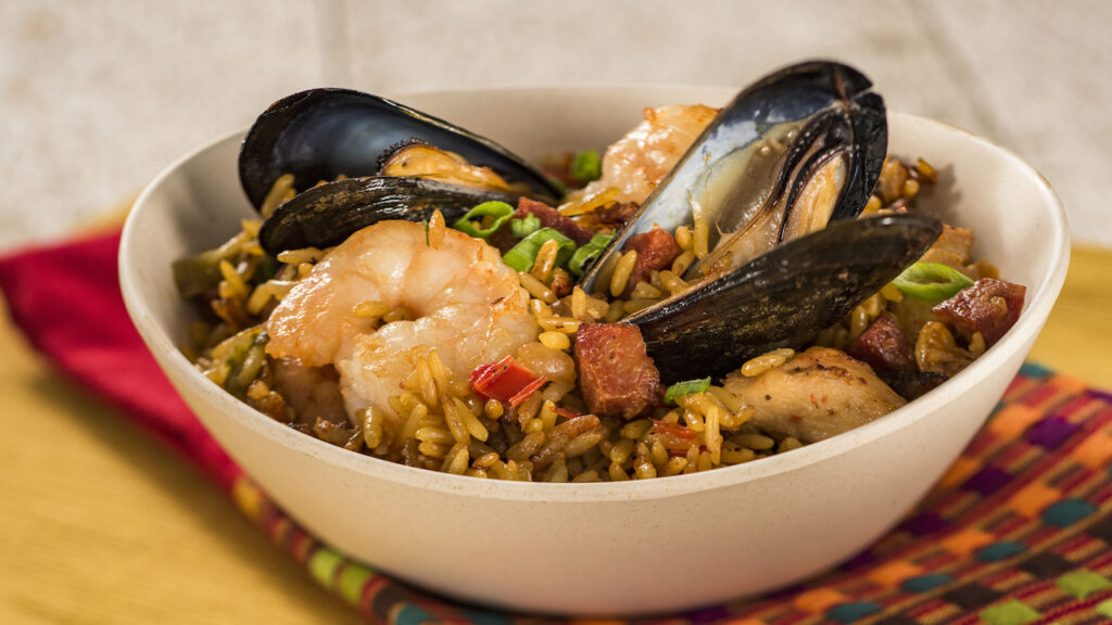 Traditional Spanish Paella with Shrimp, Mussels, Chicken, and Crispy Chorizo (gluten friendly) from the Epcot International Food and Wine Festival