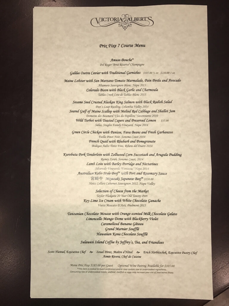 The Seven-Course Dinner Menu from Victoria & Albert's inside Disney's Grand Floridian in Orlando 