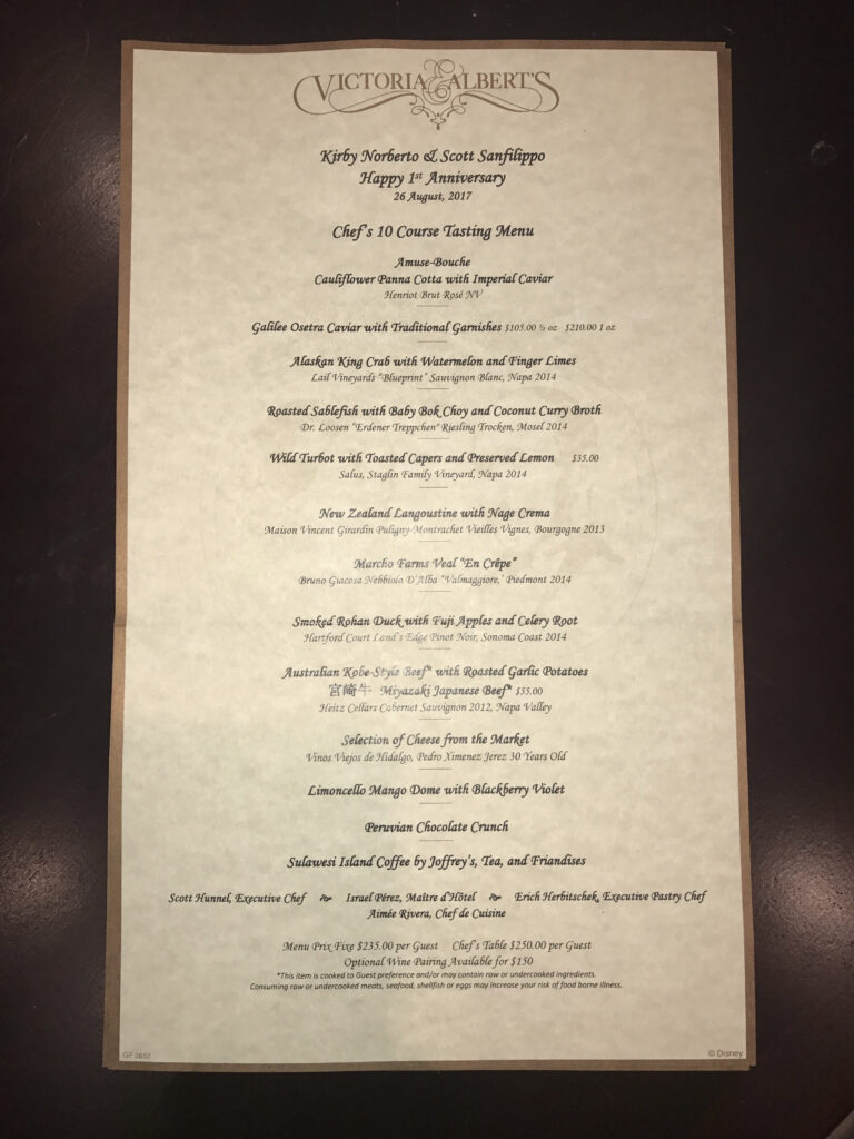 The Ten-Course Dinner Menu from Victoria & Albert's inside Disney's Grand Floridian in Orlando 