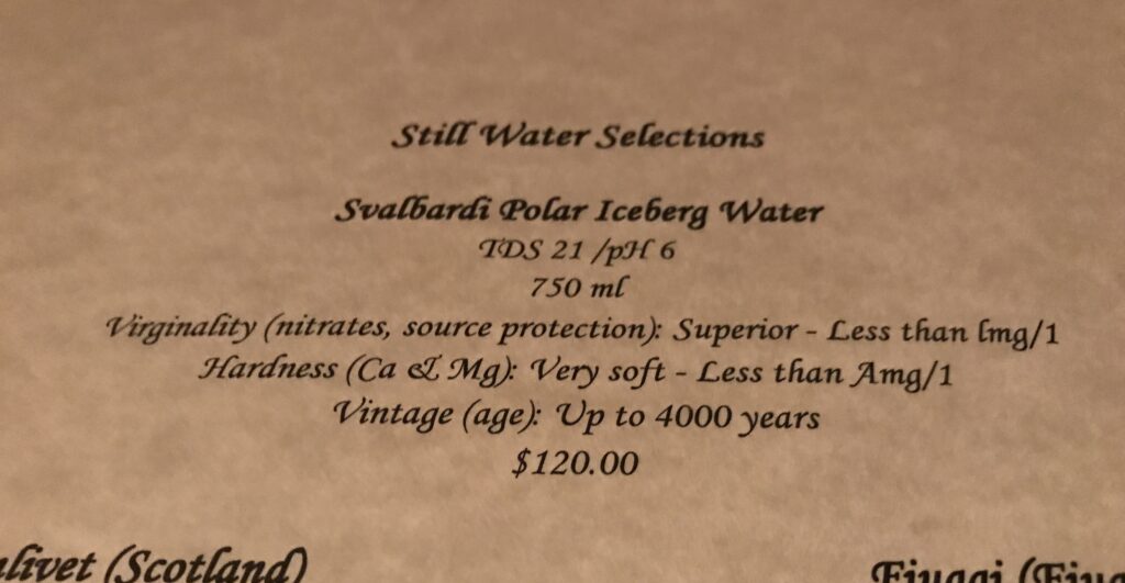 Polar Iceberg Water on the menu at Victoria & Alberts inside Disney's Grand Floridian Resort & Spa in Orlando