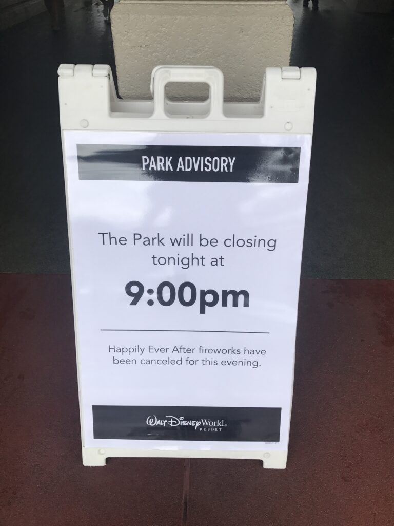 Signs advising guests that the Magic Kingdom would be closing early in anticipation of Hurricane Irma