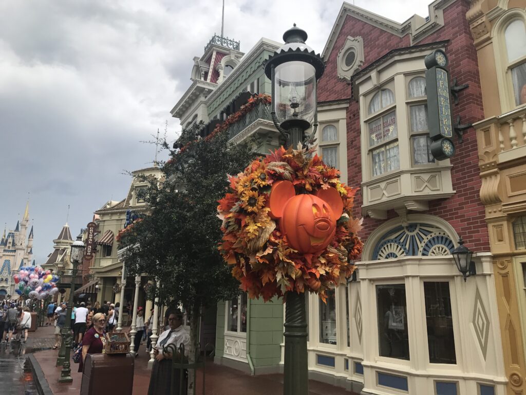 Flags and banners were removed from all the lamp posts and buildings around the park, except for the pumpkins put up for Mickey's Not So Scary Halloween Party