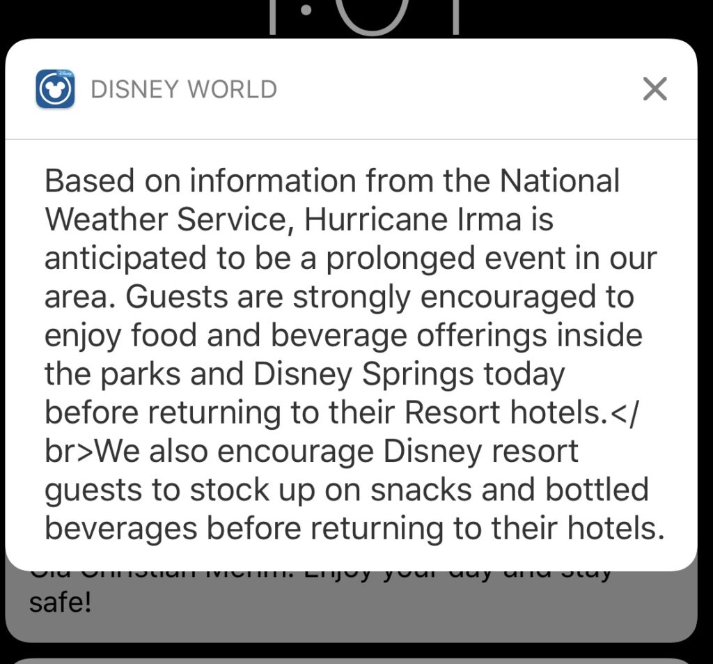 My Disney Experience kept guests updated with the latest info about how Hurricane Irma would impact their stay