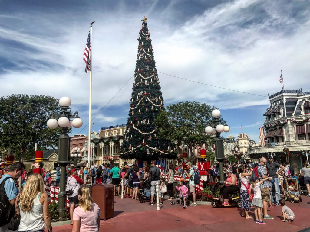 The giant Christmas tree in town square at Disney's Magic Kingdom