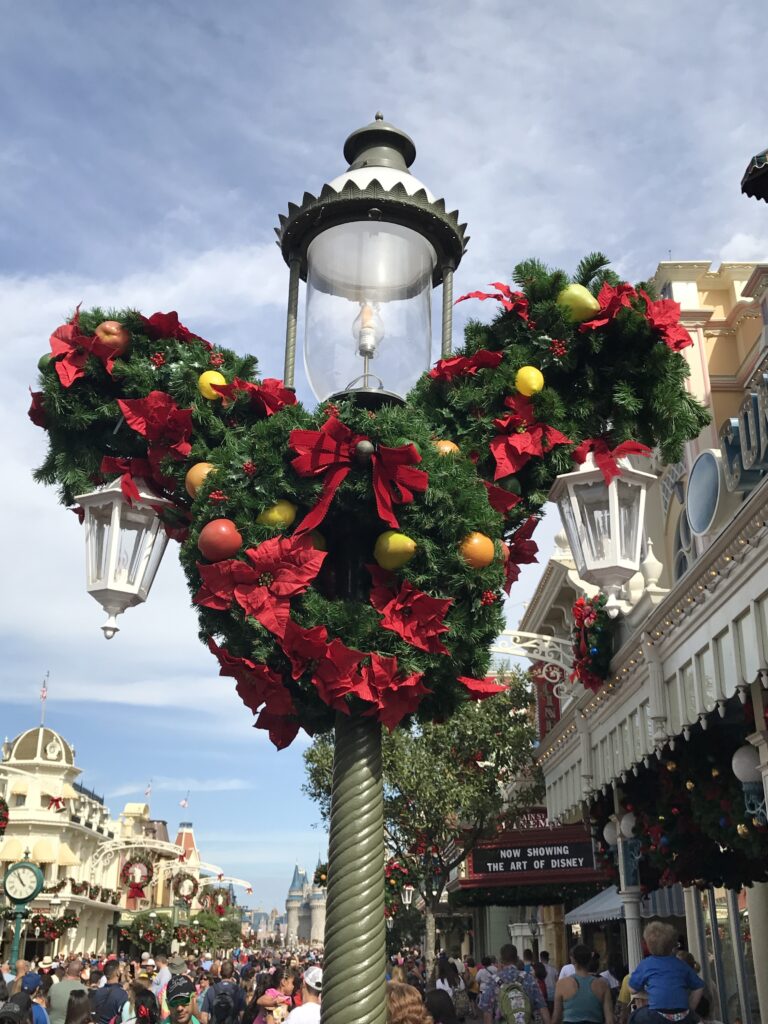 Holiday decorations along Main Street USA at Disney's Magic Kingdom