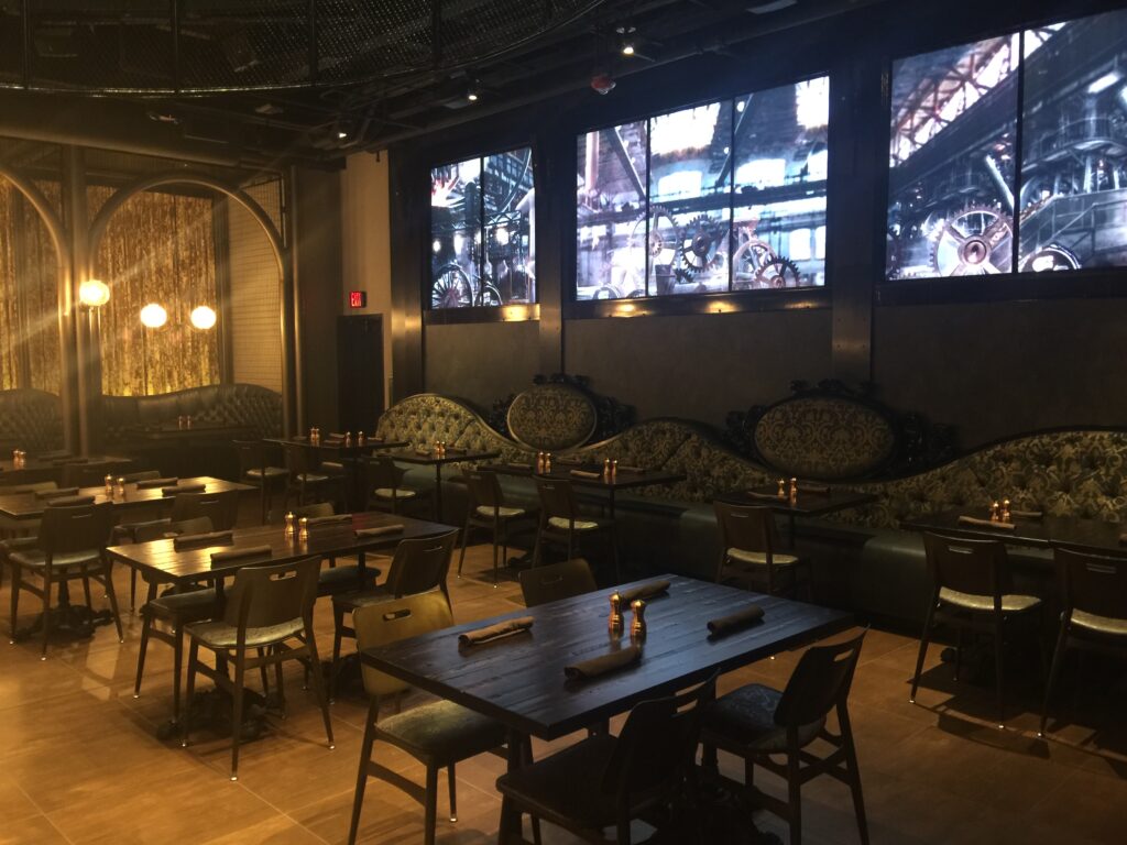 The dining room at the Toothsome Chocolate Emporium and Dessert Foundry at Universal Studios Orlando