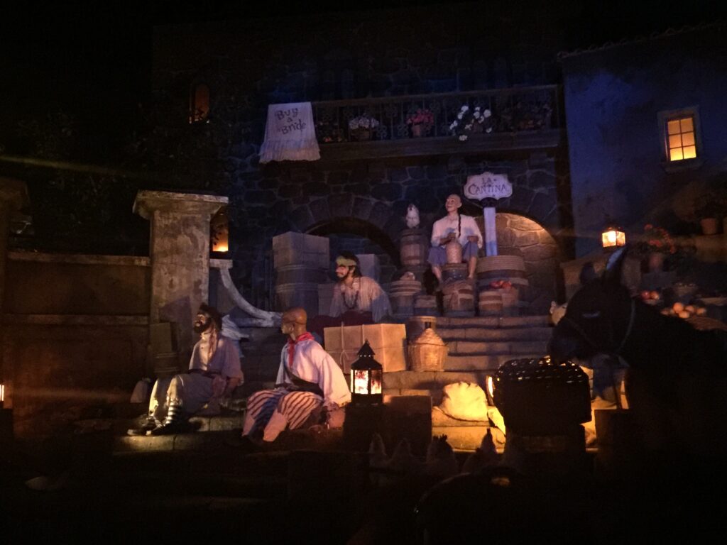The drunk pirates in the Auction scene from Pirates of the Caribbean at Walt Disney World in Orlando, FL