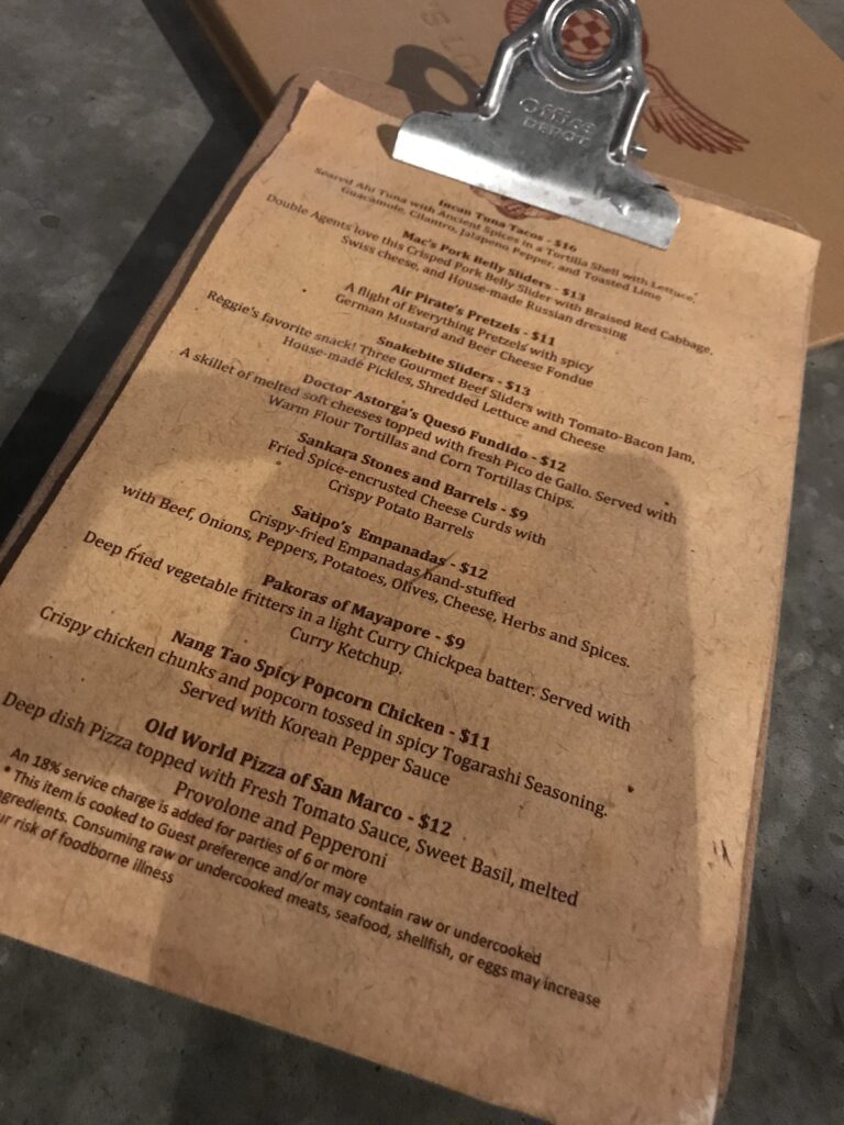 The light bites food menu for Jock Lindsey's Hangar Bar at Disney Springs in Orlando