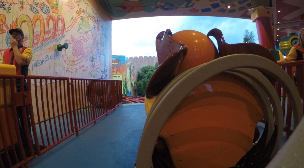 The view from the front row of the Slinky Dog Dash roller coaster as it sits in the station