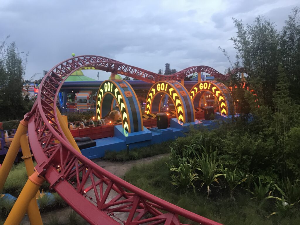 Slinky Dog Dash's launch area as seen from the ride's viewing area