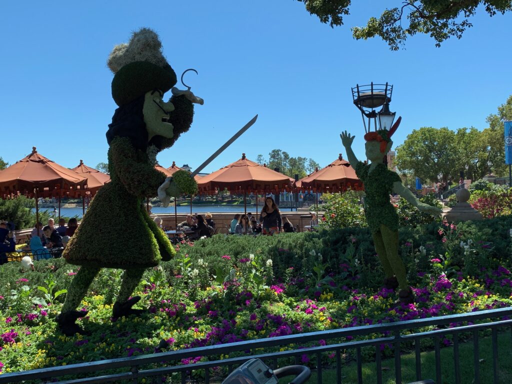 Peter Pan and Captain Hook can be found in the garden next to the Fish & Chips Shoppe in the UK