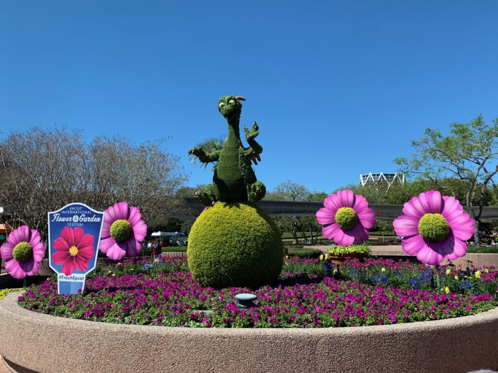 The Figment topiary is located in Futureworld near  the restrooms between The Land and the Imagination! Pavilion.
