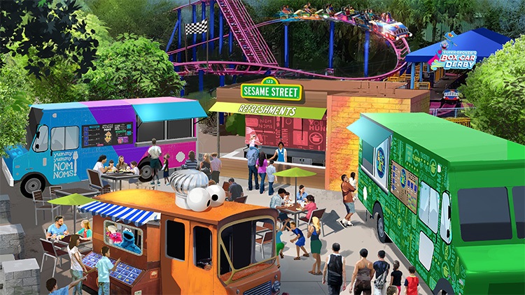 Artist rendering of the food trucks and refreshment area inside Sesame Street opening March 27, 2019 at SeaWorld, Orlando. Photo credit: SeaWorld Parks & Entertainment