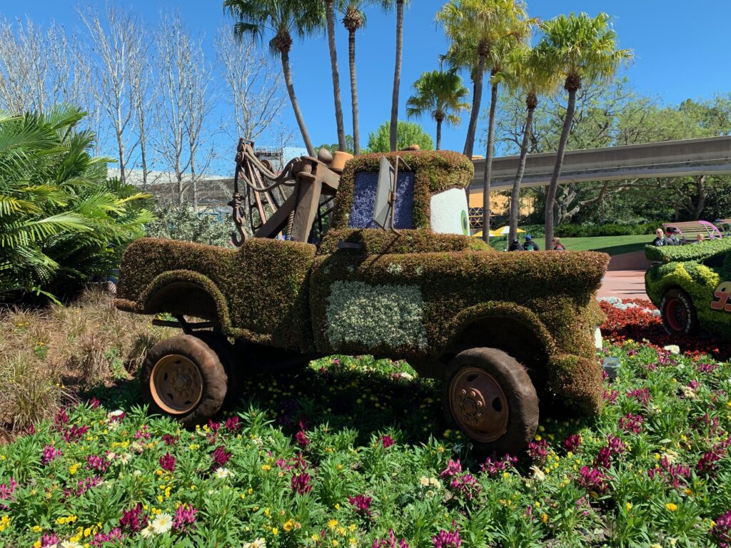 Tow Mater in topiary form is just outside the former Universe of Energy building which is being transformed into the new Guardians of the Galaxy roller coaster